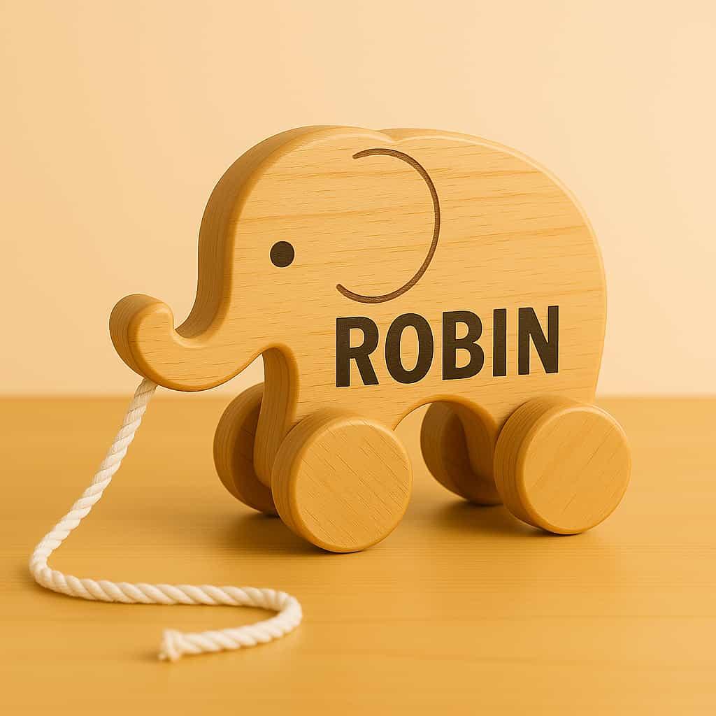 Un jouet en bois a tirer avec le prenom robin 1