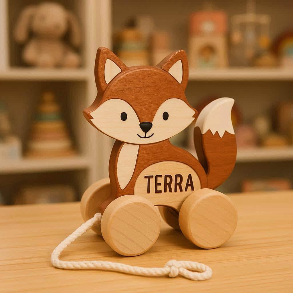Un jouet en bois a tirer theme renard personnalise avec le prenom terra dans un magasin