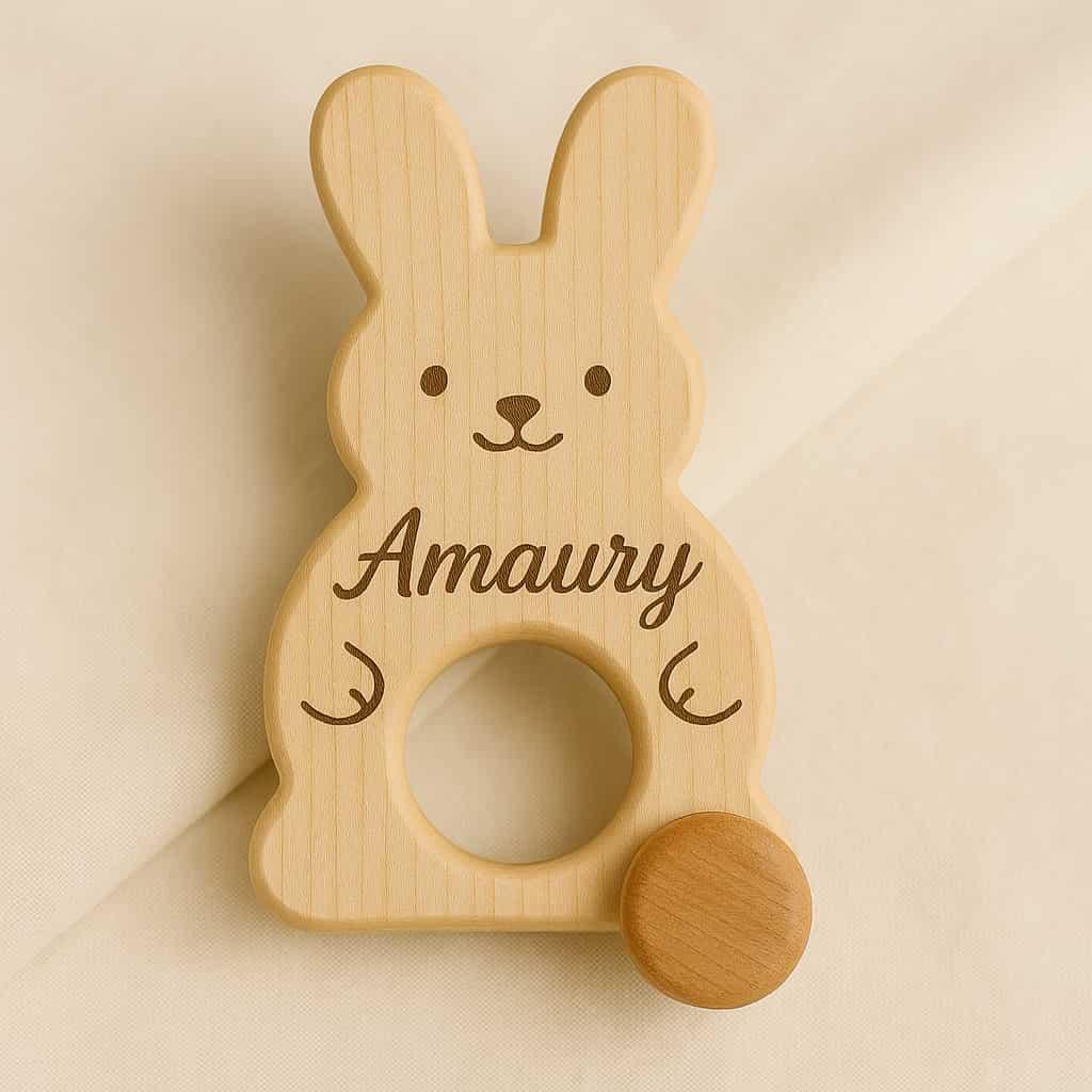 Un jouet en bois en forme en forme de lapin personnalise avec le prenom amaury cadeau enfant