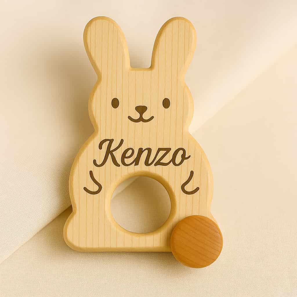 Un jouet en bois en forme en forme de lapin personnalise avec le prenom kenzo cadeau enfant