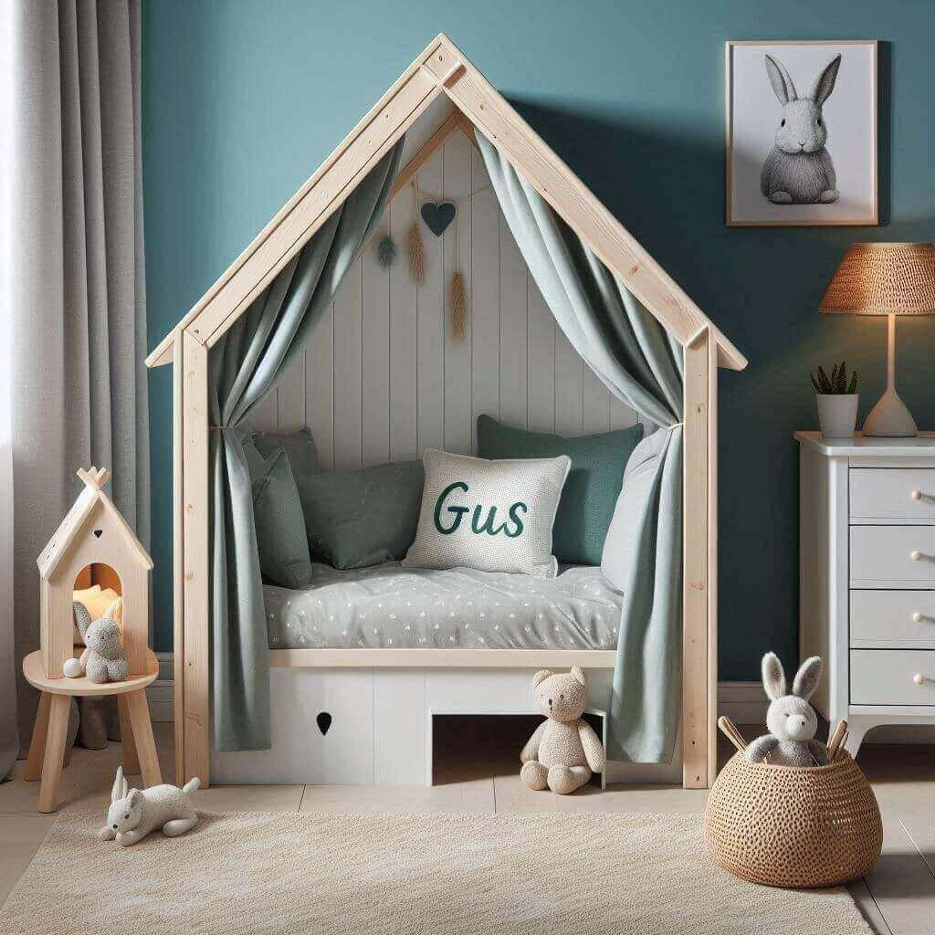 Chambre enfant tendance 2025 avec lit cabane, mur bleu, prénom Gus brodé et veilleuse lapin