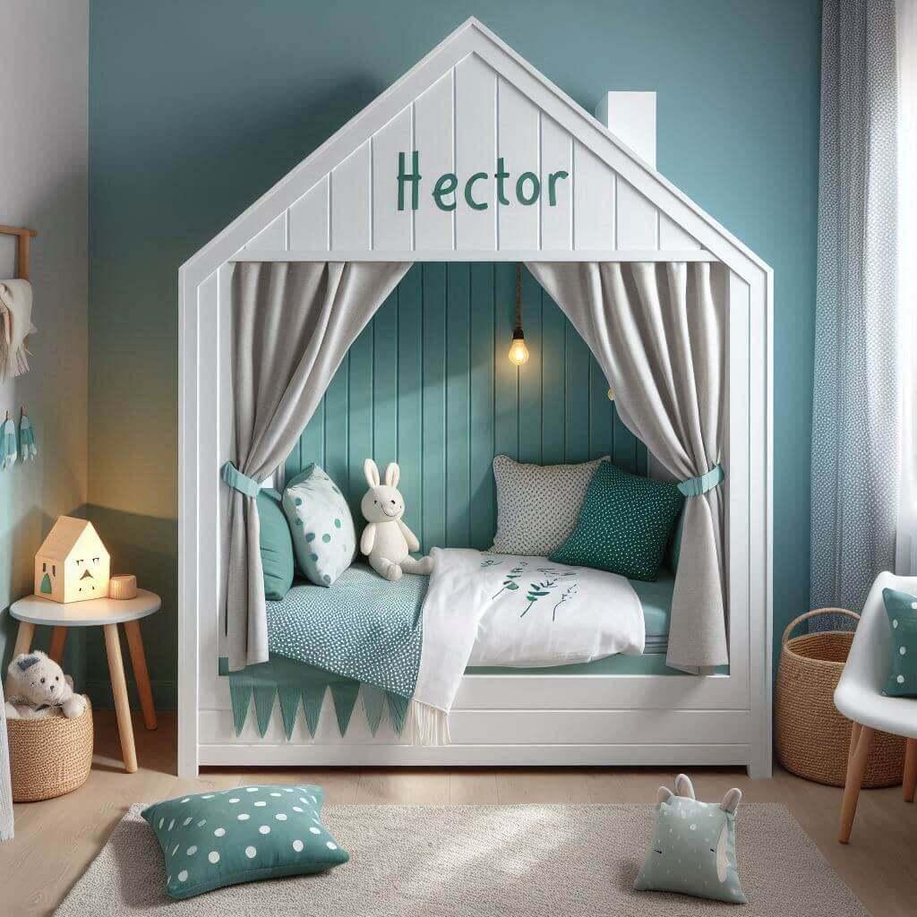 Un lit cabane en forme de maison mur bleu pale avec des accents de bleu canard et de vert d eau le mobilier blanc le prenom hector