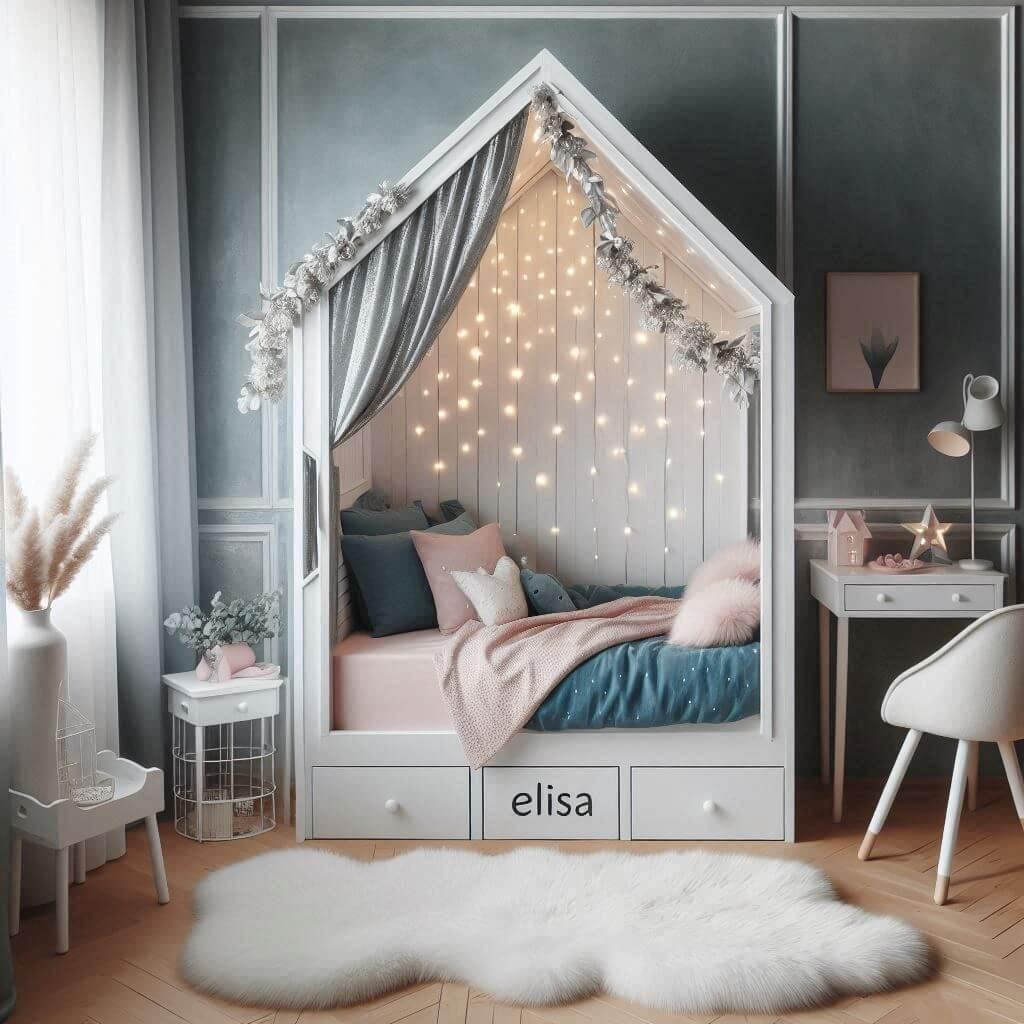 Un lit cabane en forme de maison pour enfant avec un mur argente des accents de bleu canard du mobilier blanc et des touches de rose quartz un ciel de lit gris une guirlande lumine