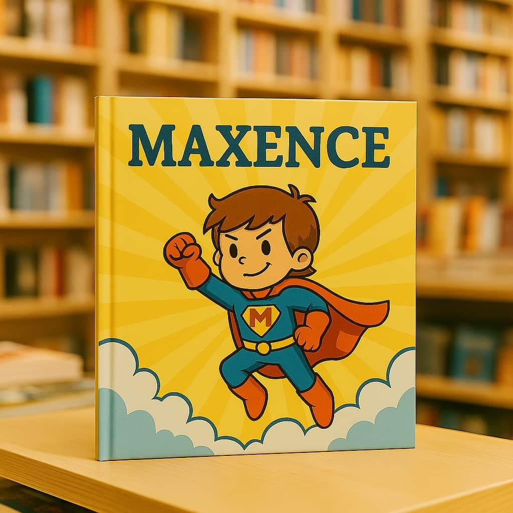 Un livre d enfant personnalise avec le prenom maxence theme super heros dans une librairie format carre lumineux