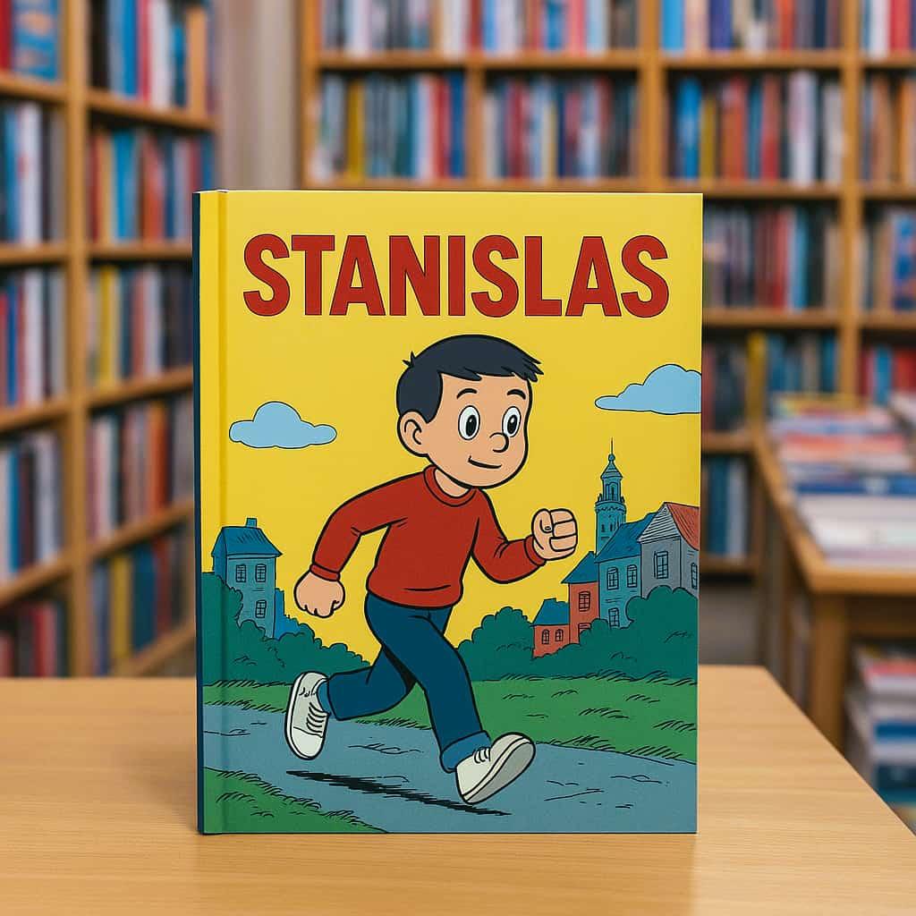 Un livre de bd avec le prenom stanislas sur une table dans une librairie