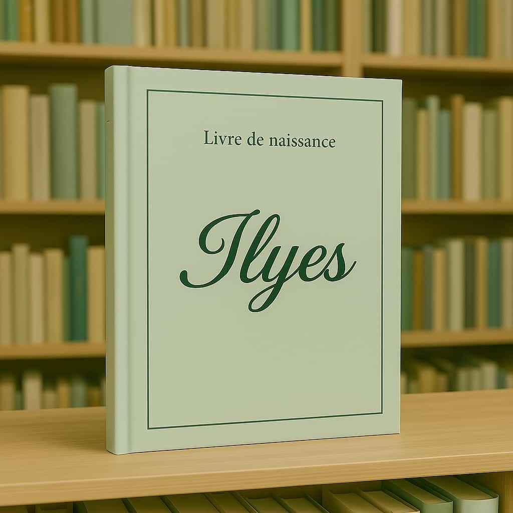 Un livre de naissance personnalise avec le prenom ilyes dans une bibliotheque