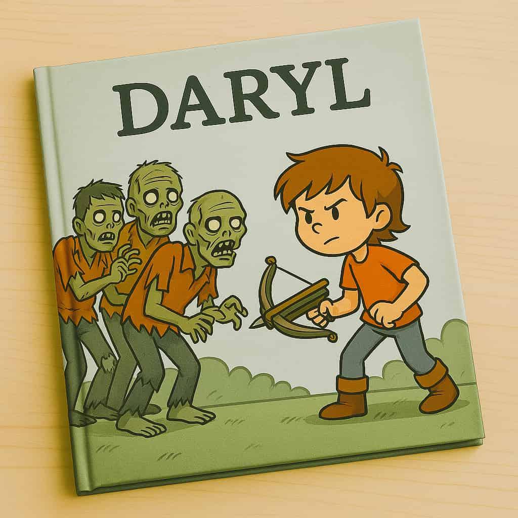 Un livre pour enfant theme zombie avec le prenom daryl le personnage principal a une arbalette