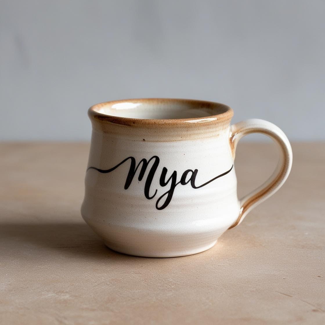 Un mug en porcelaine avec le prenom mya style poterie 1