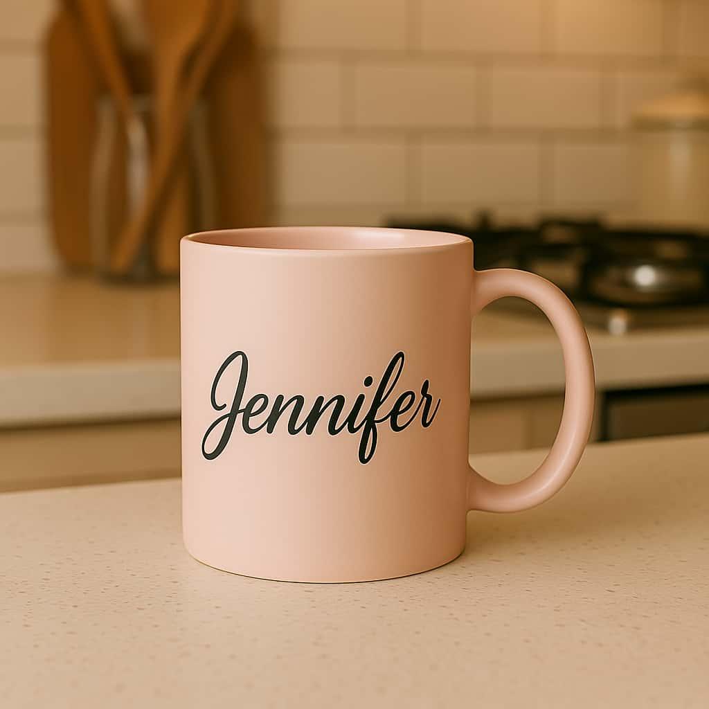 Un mug rose clair avec le prenom jennifer ecrit en italique dans une cuisine