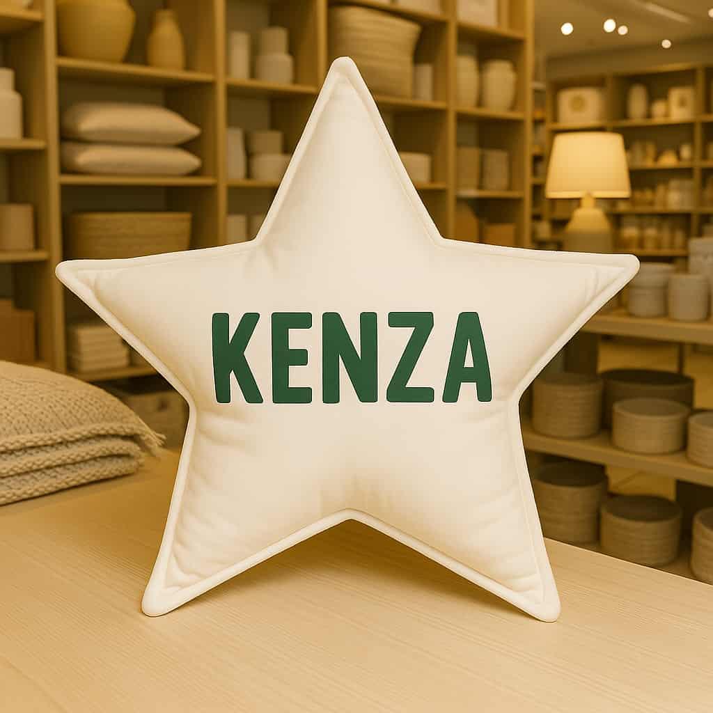 Un oreiller en forme d etoile avec le prenom kenza dans un magasin de deco