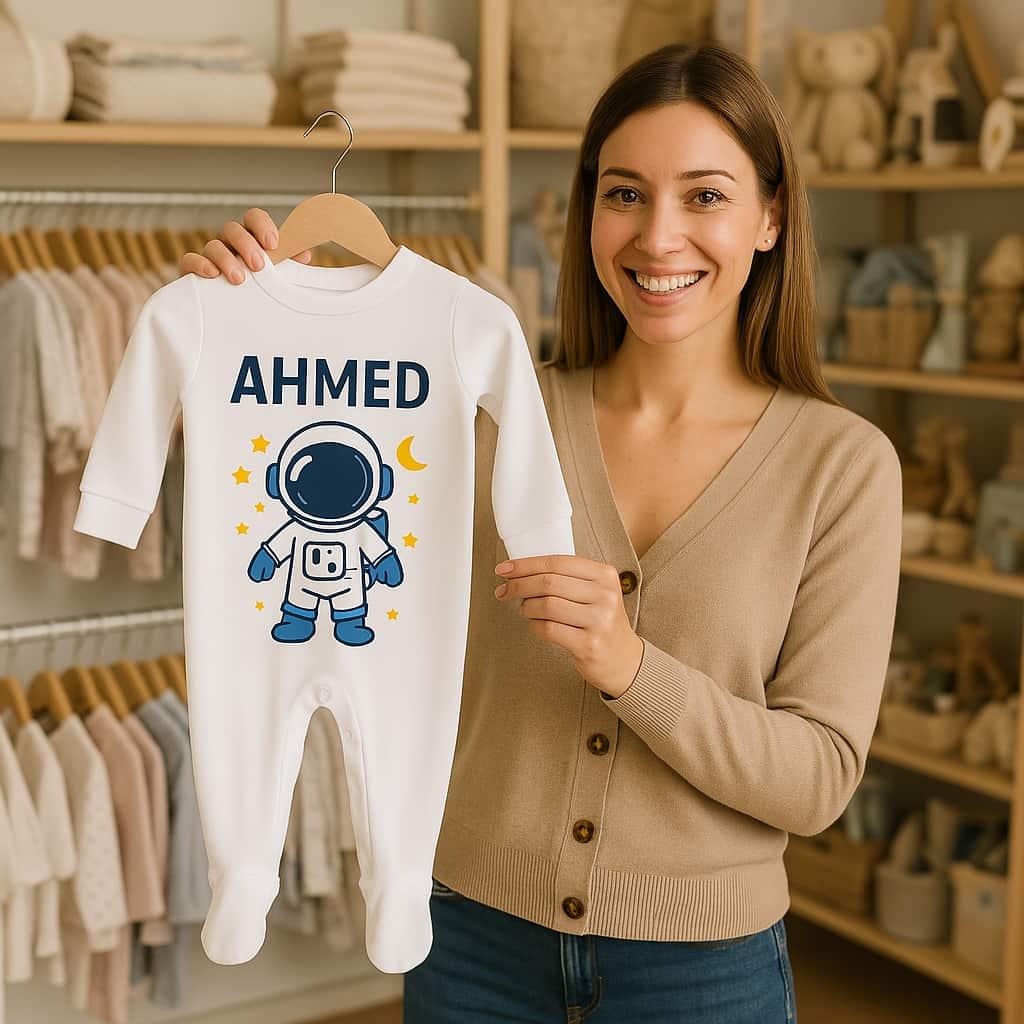 Un pyjama blanc pour bebe avec le prenom ahmed sur le theme astronaute en format carre dans une boutique de puericulture tenue par une femme