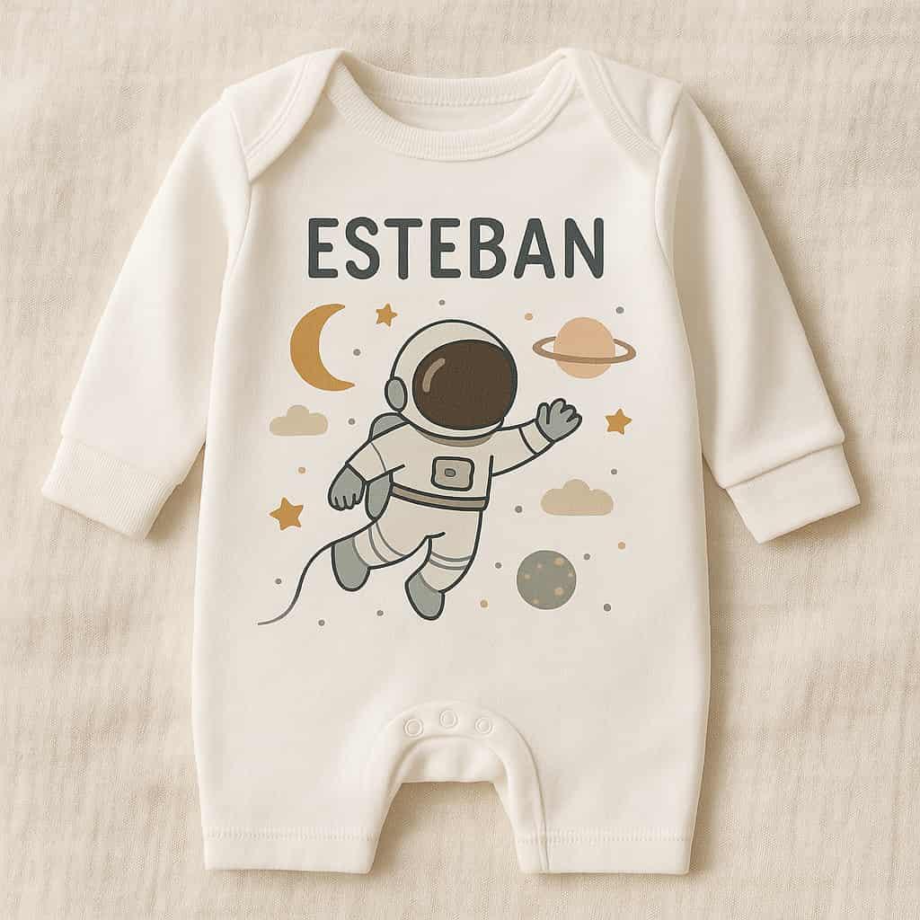 Un pyjama blanc pour bebe avec le prenom esteban sur le theme astronaute