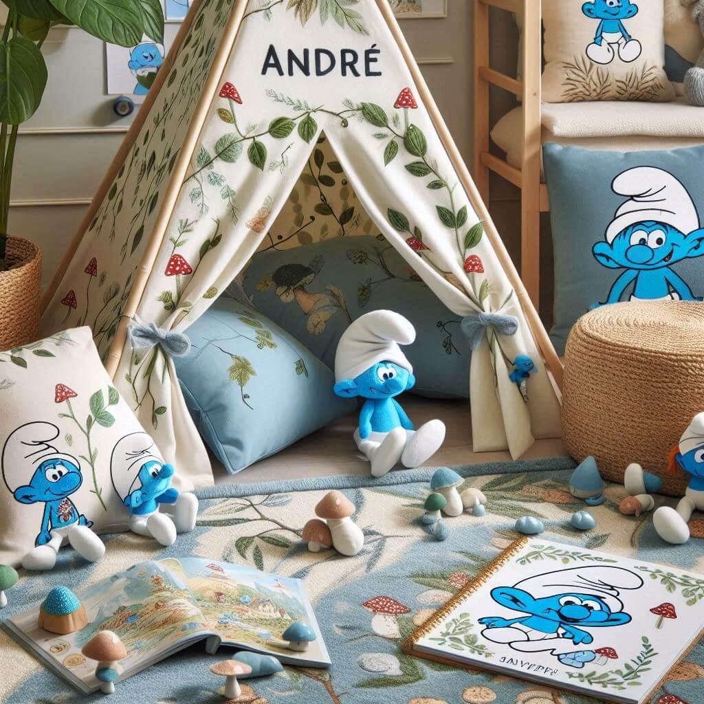 Un tapis doux aux couleurs bleues et naturelles inspire du village des schtroumpfs avec des motifs de champignons et petites creatures en peluche un tipi cosy orne de feuilles et l