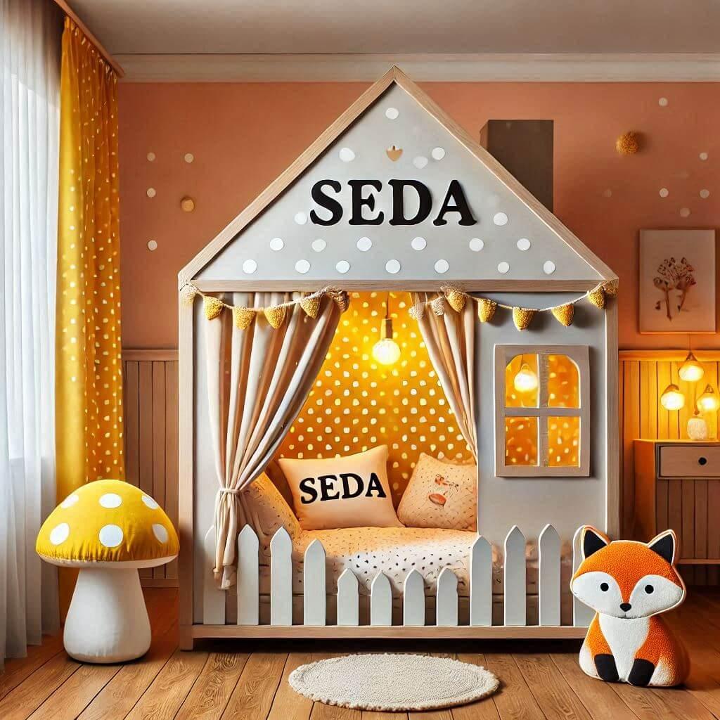 Un theme deco pour une chambre de bebe fille portant le prenom seda theme renard meuble cube lit cabane en forme de petite maison rideaux jaune a pois le prenom seda est ecrit sur