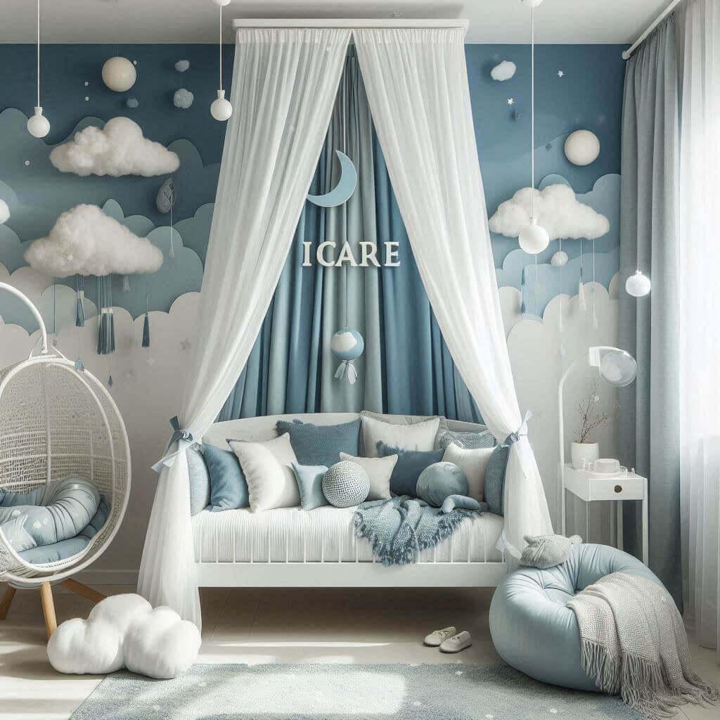 Un theme deco pour une chambre denfant inspire de la mythologie dicare avec une palette de couleurs inspiree des cieux et des nuages