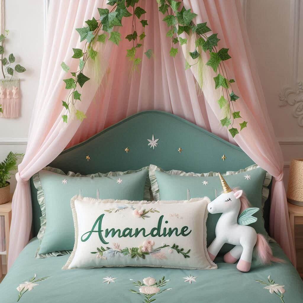 Une belle chambre de bebe fille avec le prenom amandine sur le theme des contes et legendes avec un ciel de lit vert d eau et rose poudre du lierre une peluche licorne le prenom am