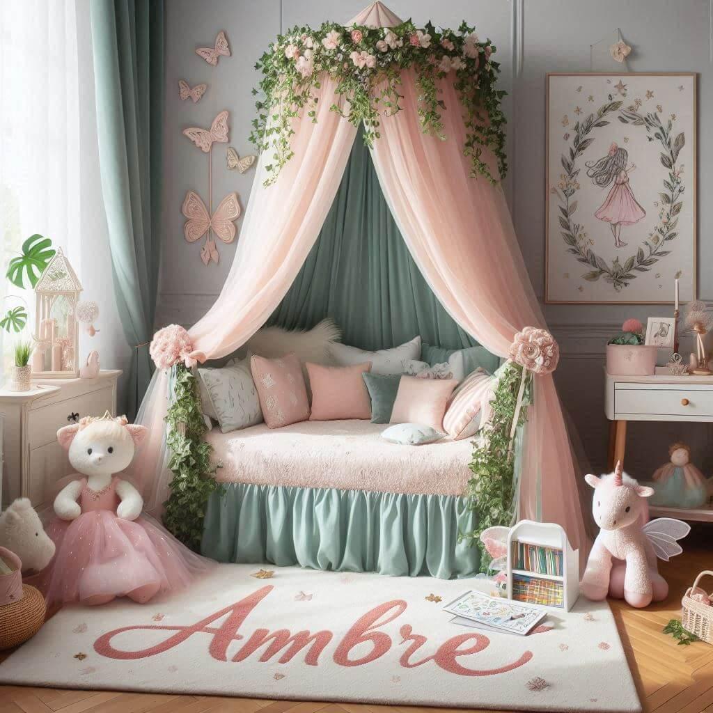 Une belle chambre de bebe fille avec le prenom ambre sur le theme des contes et legendes