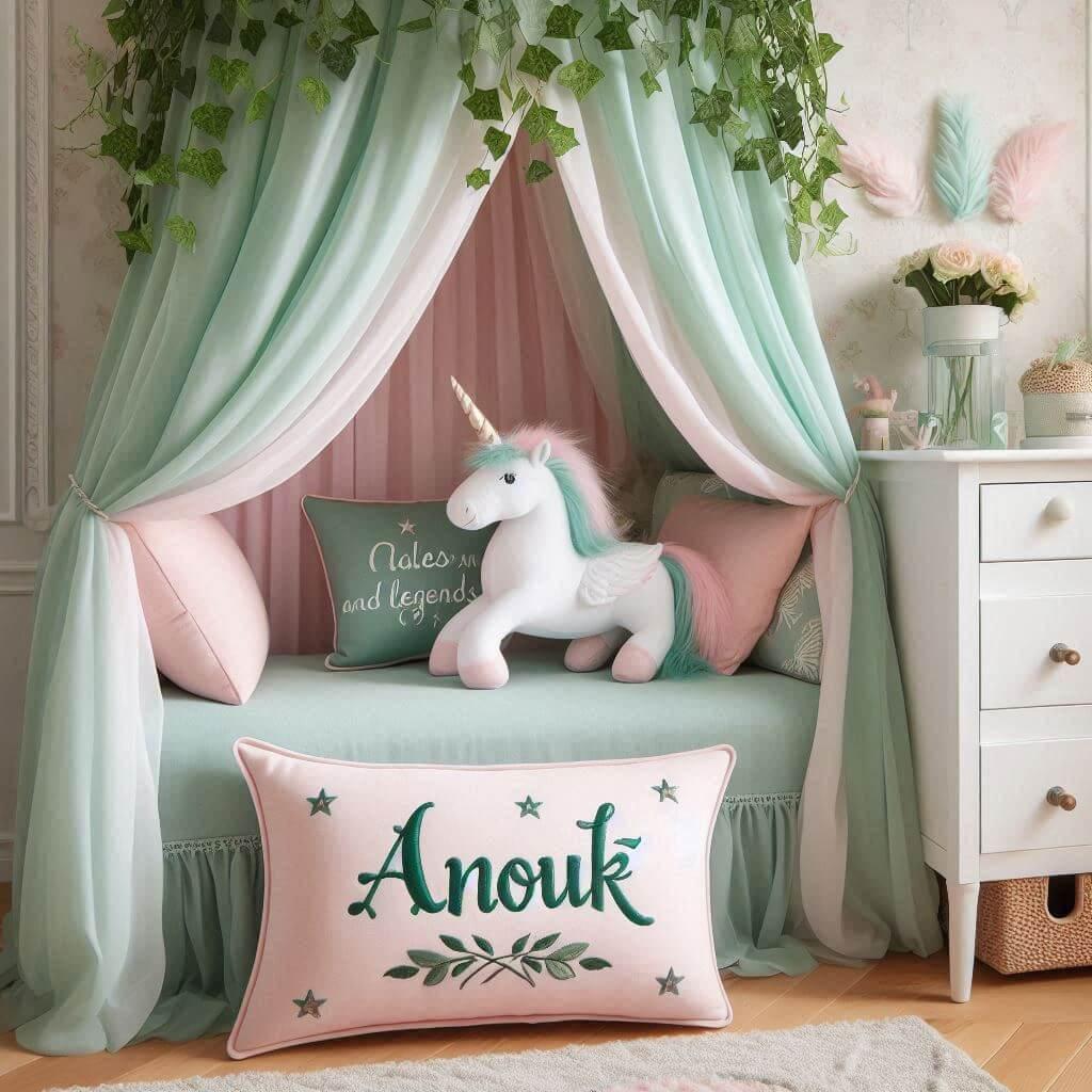 Une belle chambre de bebe fille avec le prenom anouk sur le theme des contes et legendes avec un ciel de lit vert d eau et rose poudre du lierre une peluche licorne le prenom anouk