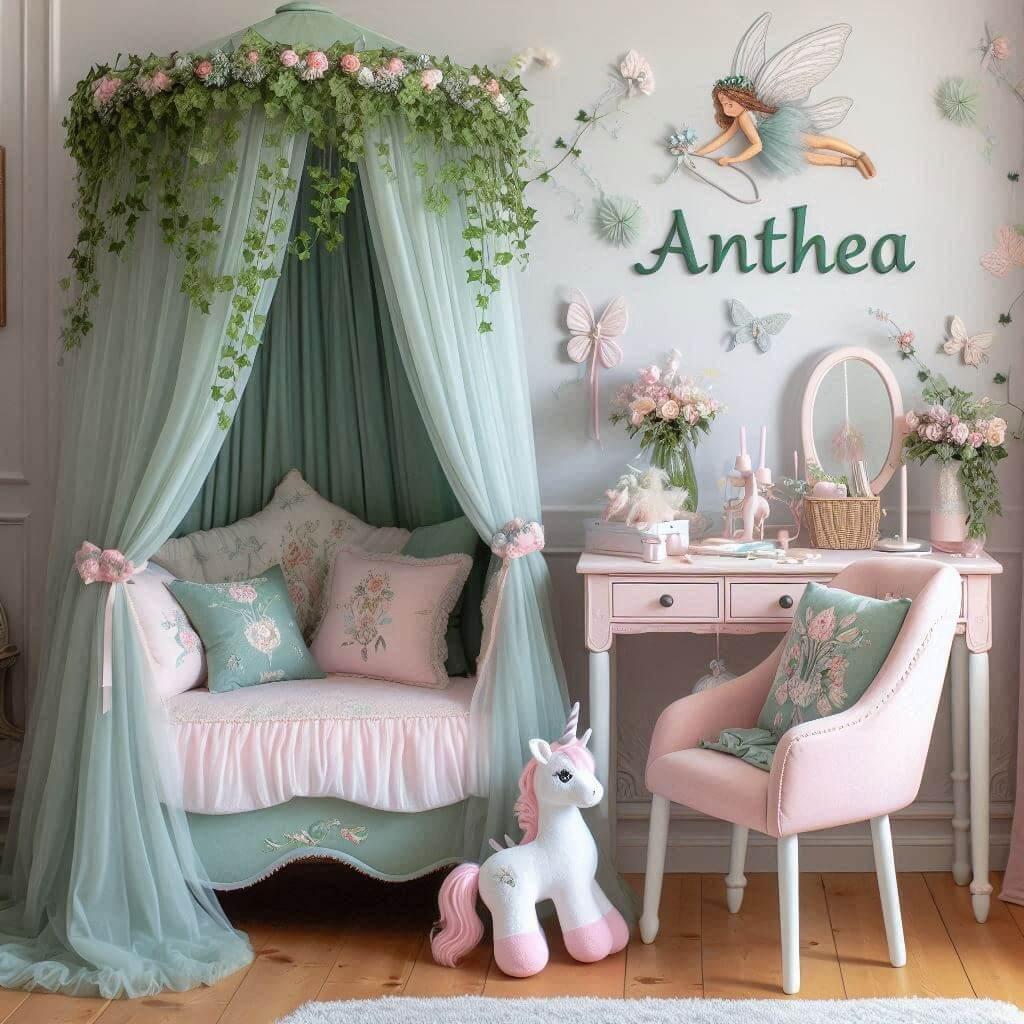 Une belle chambre de bebe fille qui se nomme anthea, style decoration theme conte et legende, couleurs vert d'eau et rose pastel