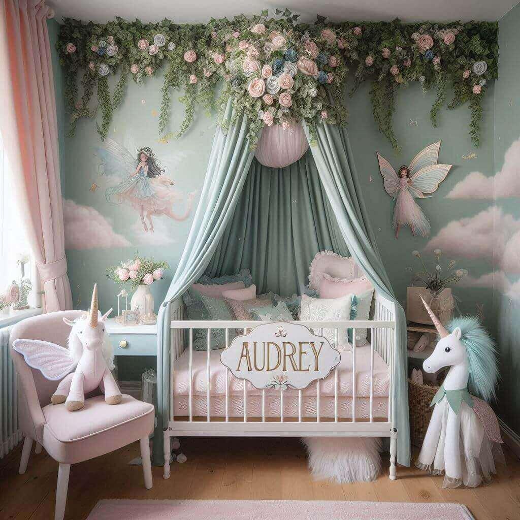 Une belle chambre de bebe fille avec le prenom audrey sur le theme des contes et legendes avec un ciel de lit vert d eau et rose pale du lierre une peluche fee