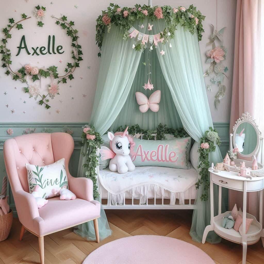 Une belle chambre de bebe fille avec le prenom axelle sur le theme des contes et legendes avec un ciel de lit vert d eau et rose pale du lierre une peluche fee une peluche licorne