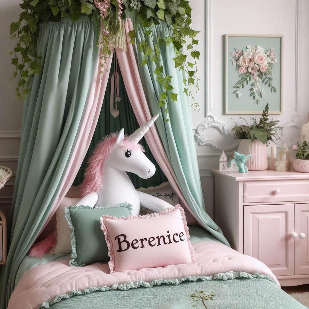 Une belle chambre de bebe fille avec le prenom berenice sur le theme des contes et legendes avec un ciel de lit vert d eau et rose poudre du lierre une peluche licorne le prenom be