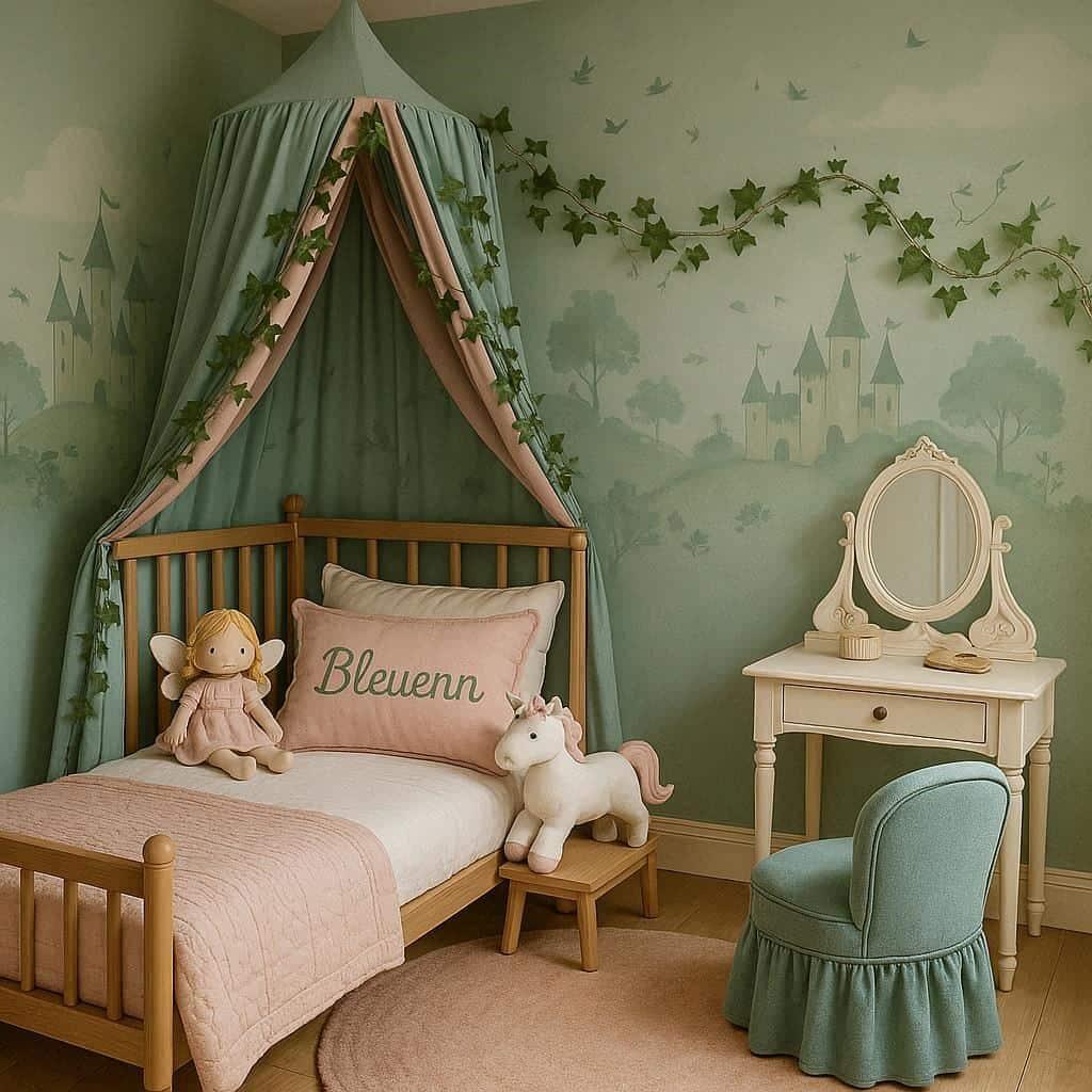 Une belle chambre de bebe fille avec le prenom bleuenn sur le theme des contes et legendes avec un ciel de lit vert d eau et rose du lierre lit simple une peluche fee une peluche l