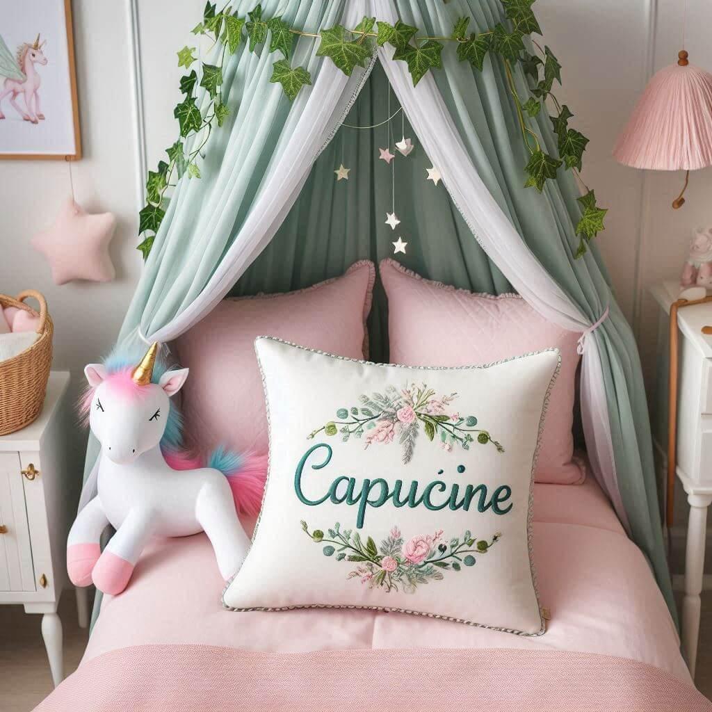 Une belle chambre de bebe fille avec le prenom capucine sur le theme des contes et legendes avec un ciel de lit vert d eau et rose poudre du lierre une peluche licorne le prenom ca