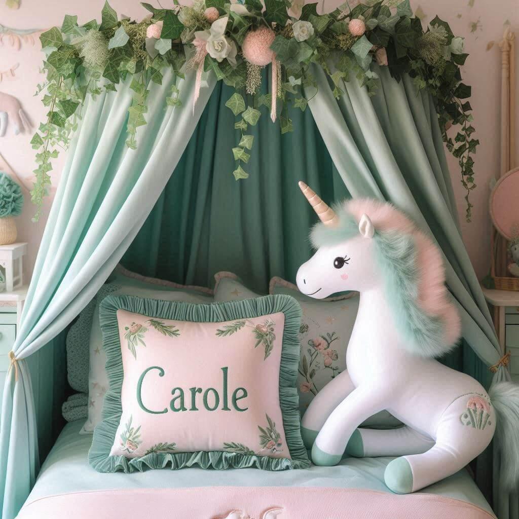Une belle chambre de bebe fille avec le prenom carole sur le theme des contes et legendes avec un ciel de lit vert d eau et rose poudre du lierre une peluche licorne le prenom caro