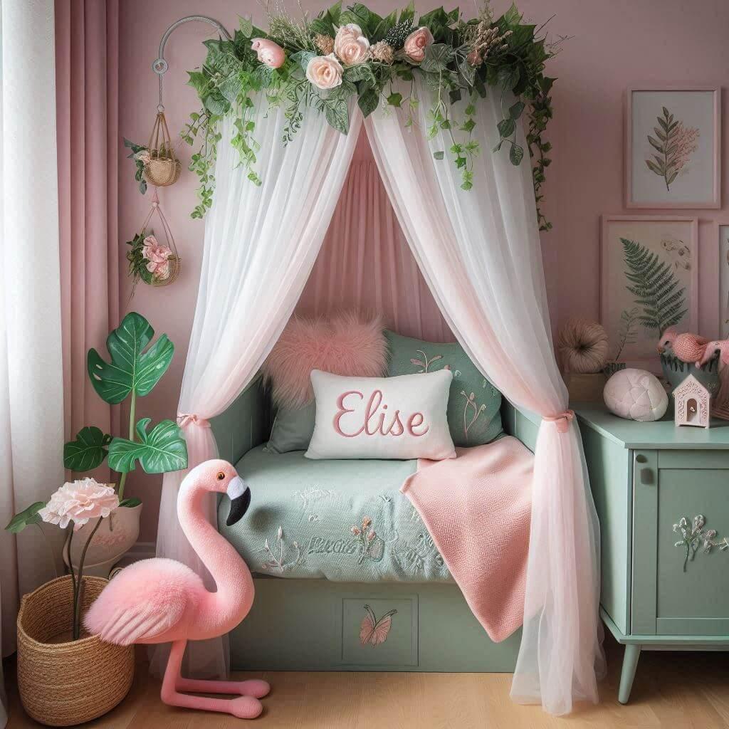 Une belle chambre de bebe fille avec le prenom elise sur le theme des contes et legendes avec un ciel de lit vert d eau et rose poudre du lierre une peluche flamant rose clair le p
