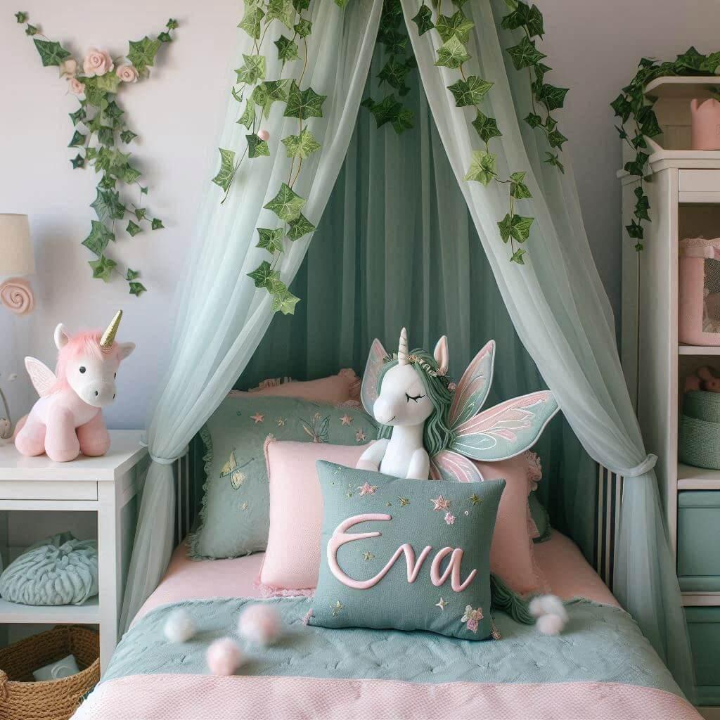 Chambre de bébé fille thème contes et légendes avec ciel de lit vert d’eau et rose pâle, lierre, peluche fée et licorne, prénom Eva