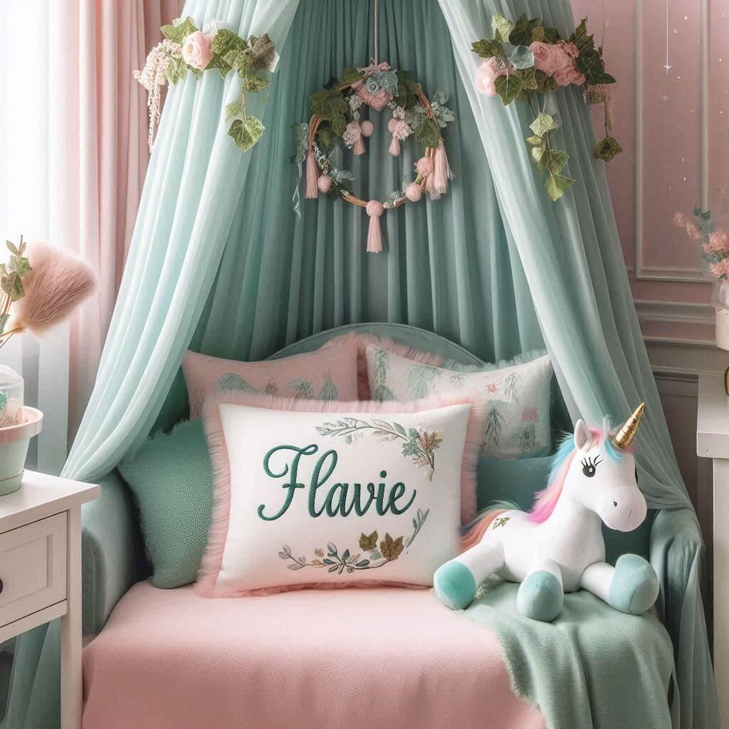 Une belle chambre de bebe fille avec le prenom flavie sur le theme des contes et legendes avec un ciel de lit vert d eau et rose poudre du lierre une peluche licorne le prenom flav