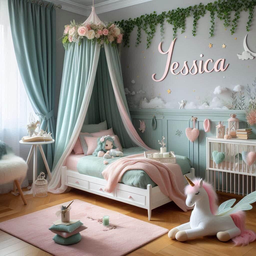 Une belle chambre de bebe fille avec le prenom jessica ecrit a la francaise sur le theme des contes et legendes avec un ciel de lit vert d eau et rose pale du lierre une peluche fe