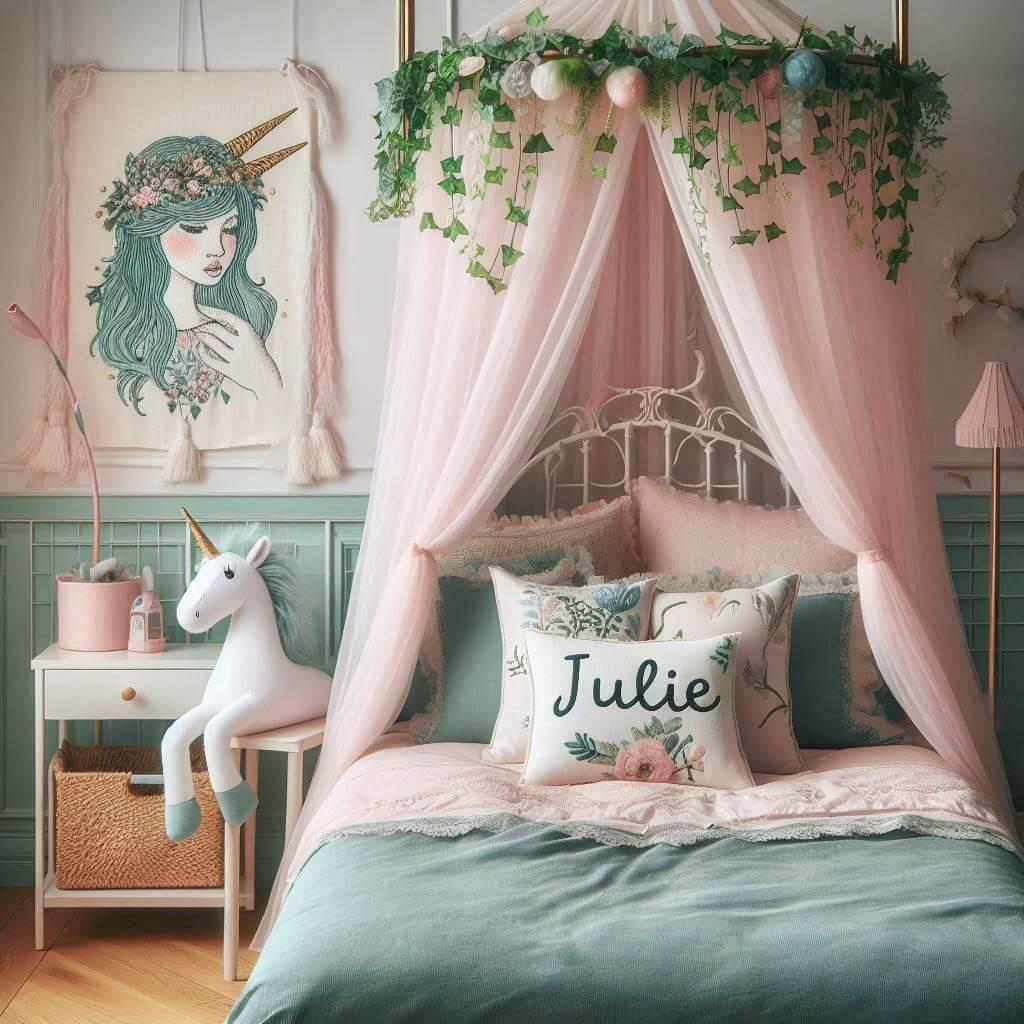 Une belle chambre de bebe fille avec le prenom julie sur le theme des contes et legendes avec un ciel de lit vert d eau et rose poudre du lierre une peluche licorne le prenom julie