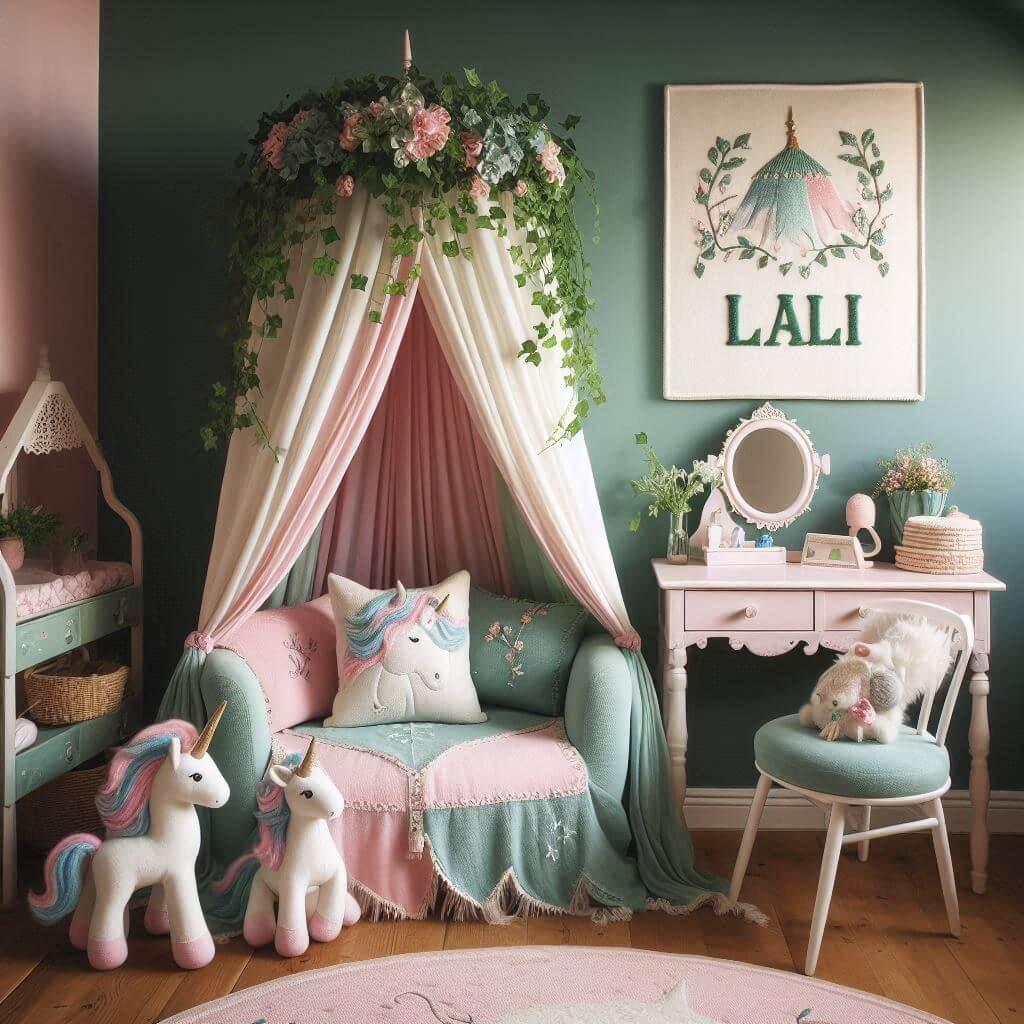 Une belle chambre de bebe fille avec le prenom lali sur le theme des contes et legendes avec un ciel de lit vert d eau et rose poudre du lierre une peluche licorne en laine le pren