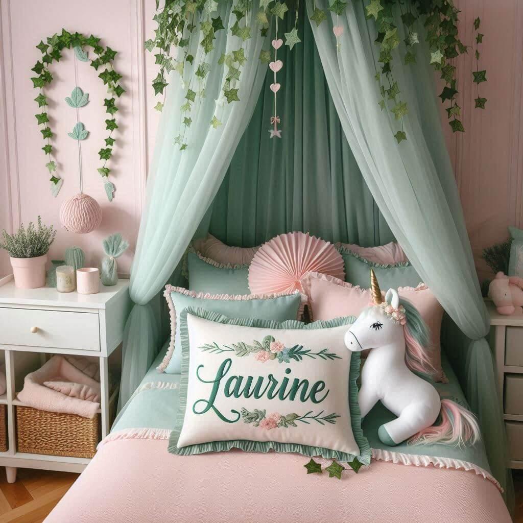 Une belle chambre de bebe fille avec le prenom laurine sur le theme des contes et legendes avec un ciel de lit vert d eau et rose poudre du lierre une peluche licorne le prenom lau