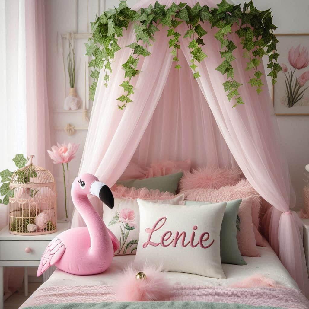 Une belle chambre de bebe fille avec le prenom lenie sur le theme des contes et legendes avec un ciel de lit vert d eau et rose poudre du lierre une peluche flamant rose clair le p