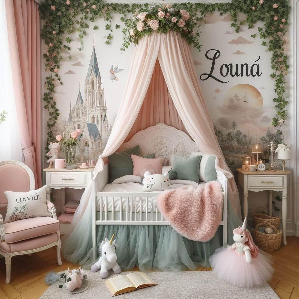 Une belle chambre de bebe fille avec le prenom louna ecrit a la francaise sur le theme des contes et legendes avec un ciel de lit vert d eau et rose pale du lierre une peluche fee