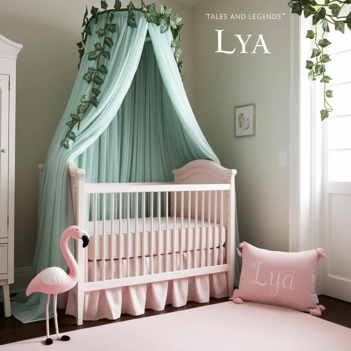 Une belle chambre de bebe fille avec le prenom lya sur le theme des contes et legendes avec un ciel de lit vert d eau et rose poudre du lierre une peluche flamant rose clair le pre