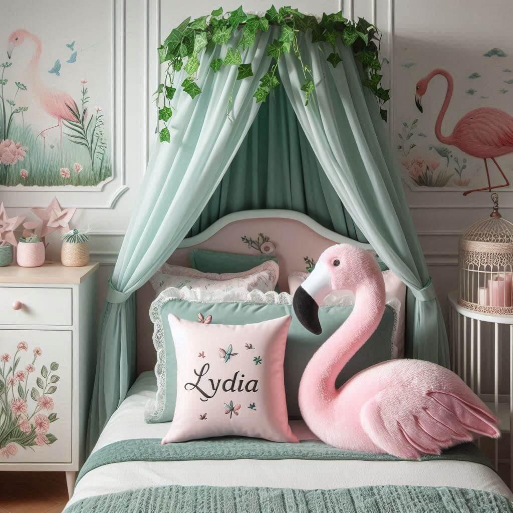 Une belle chambre de bebe fille avec le prenom lydia sur le theme des contes et legendes avec un ciel de lit vert d eau et rose poudre du lierre une peluche flamant rose clair le p
