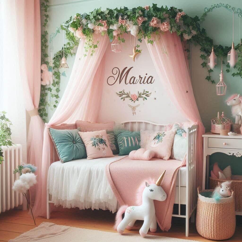 Une belle chambre de bebe fille avec le prenom maria sur le theme des contes et legendes avec un ciel de lit vert d eau et rose poudre du lierre une peluche licorne le prenom maria