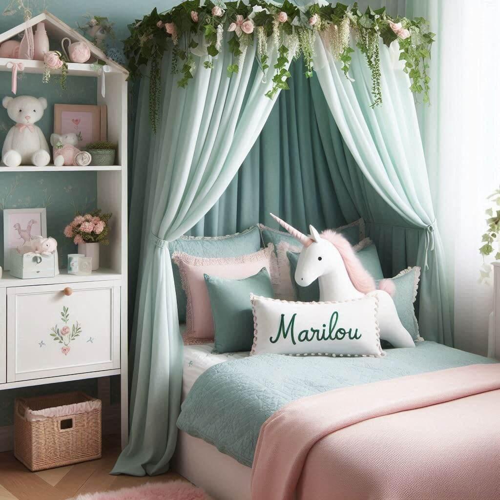 Une belle chambre de bebe fille avec le prenom marilou sur le theme des contes et legendes avec un ciel de lit vert d eau et rose poudre du lierre une peluche licorne le prenom mar