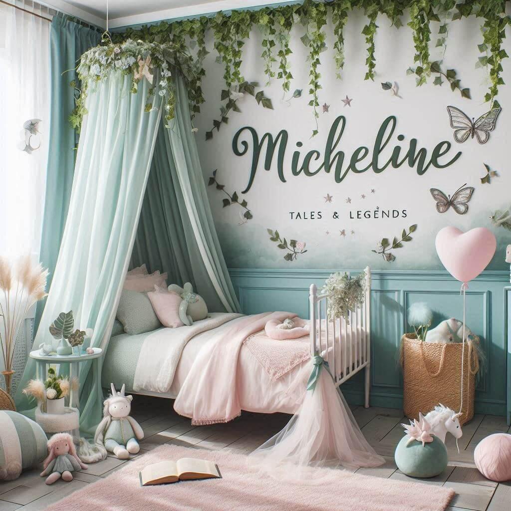 Une belle chambre de bebe fille avec le prenom micheline ecrit a la francaise sur le theme des contes et legendes avec un ciel de lit vert d eau et rose pale du lierre une peluche