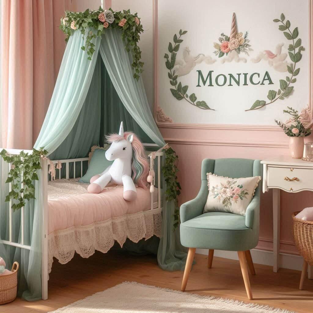 Une belle chambre de bebe fille avec le prenom monica sur le theme des princesses couleurs vert d eau et rose pastel 1
