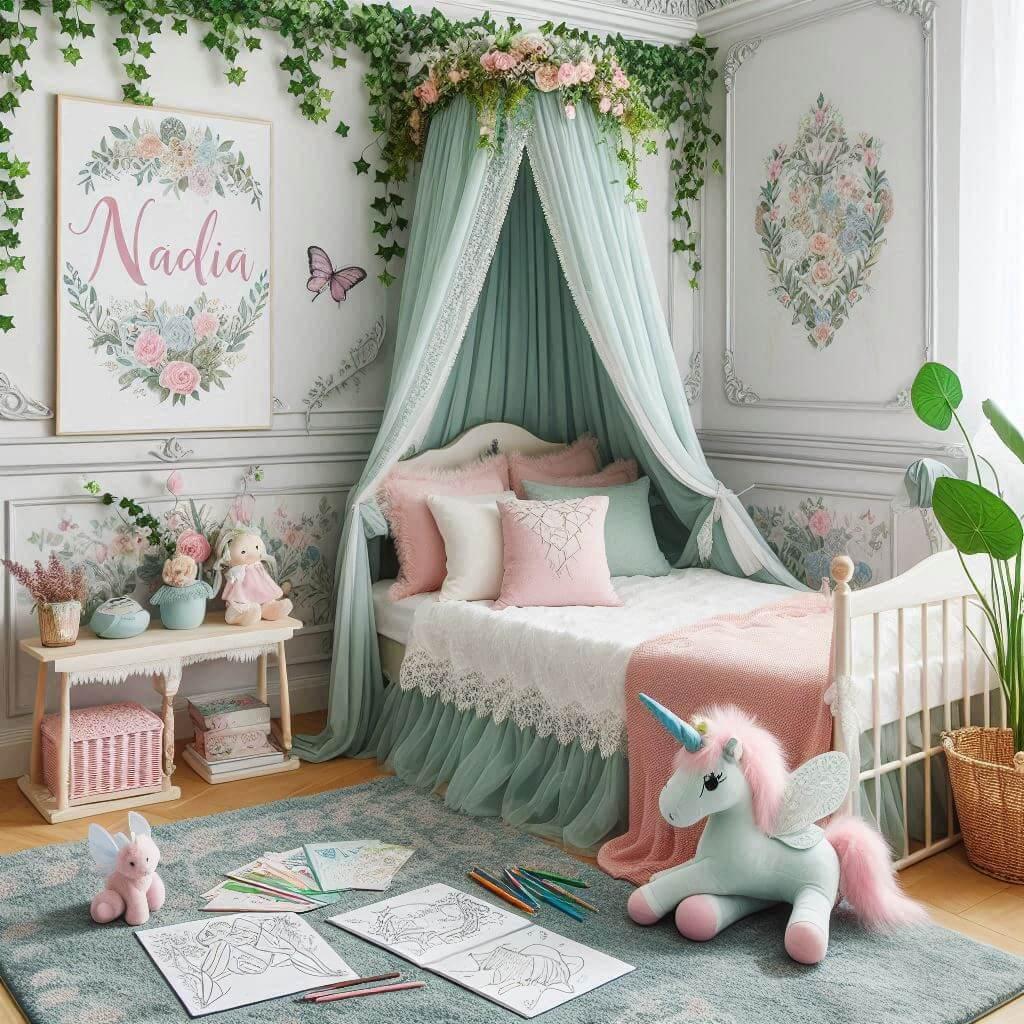 Une belle chambre de bebe fille avec le prenom nadia ecrit en francais sur le theme des contes et legendes avec un ciel de lit vert d eau et rose pale du lierre
