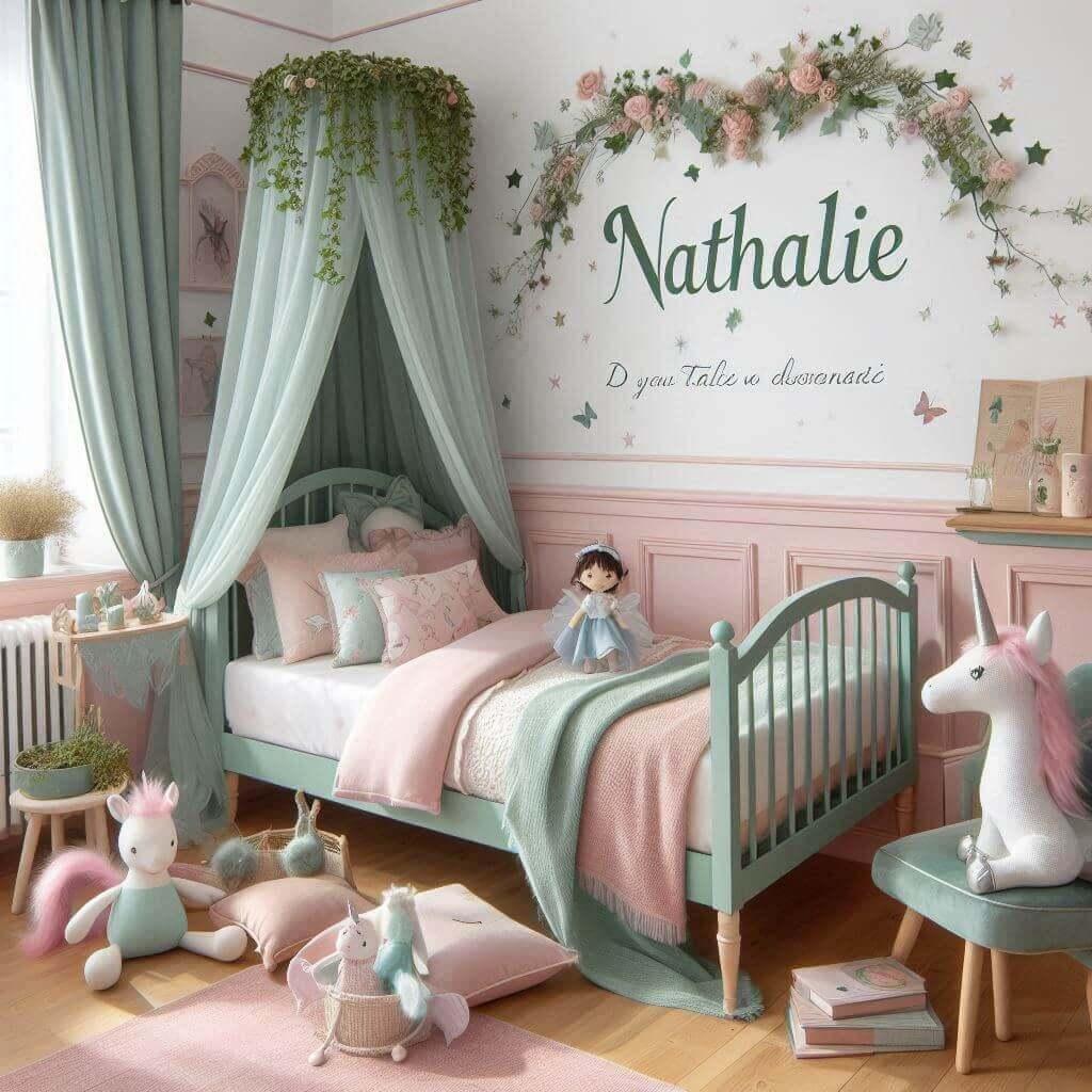 Une belle chambre de bebe fille avec le prenom nathalie ecrit a la francaise sur le theme des contes et legendes avec un ciel de lit vert d eau et rose pale du lierre une peluche f