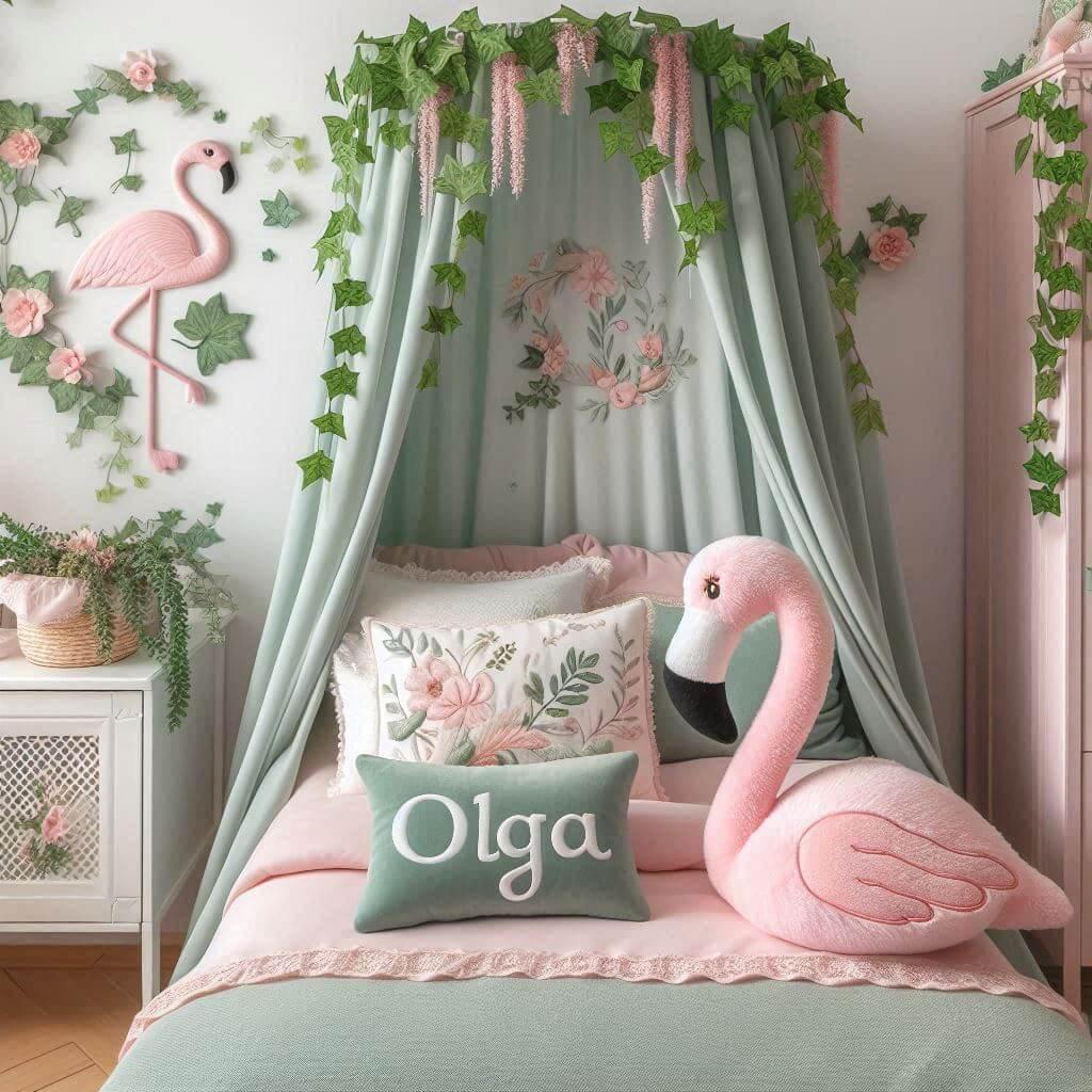 Une belle chambre de bebe fille avec le prenom olga sur le theme des contes et legendes avec un ciel de lit vert d eau et rose poudre du lierre une peluche flamant rose clair le pr