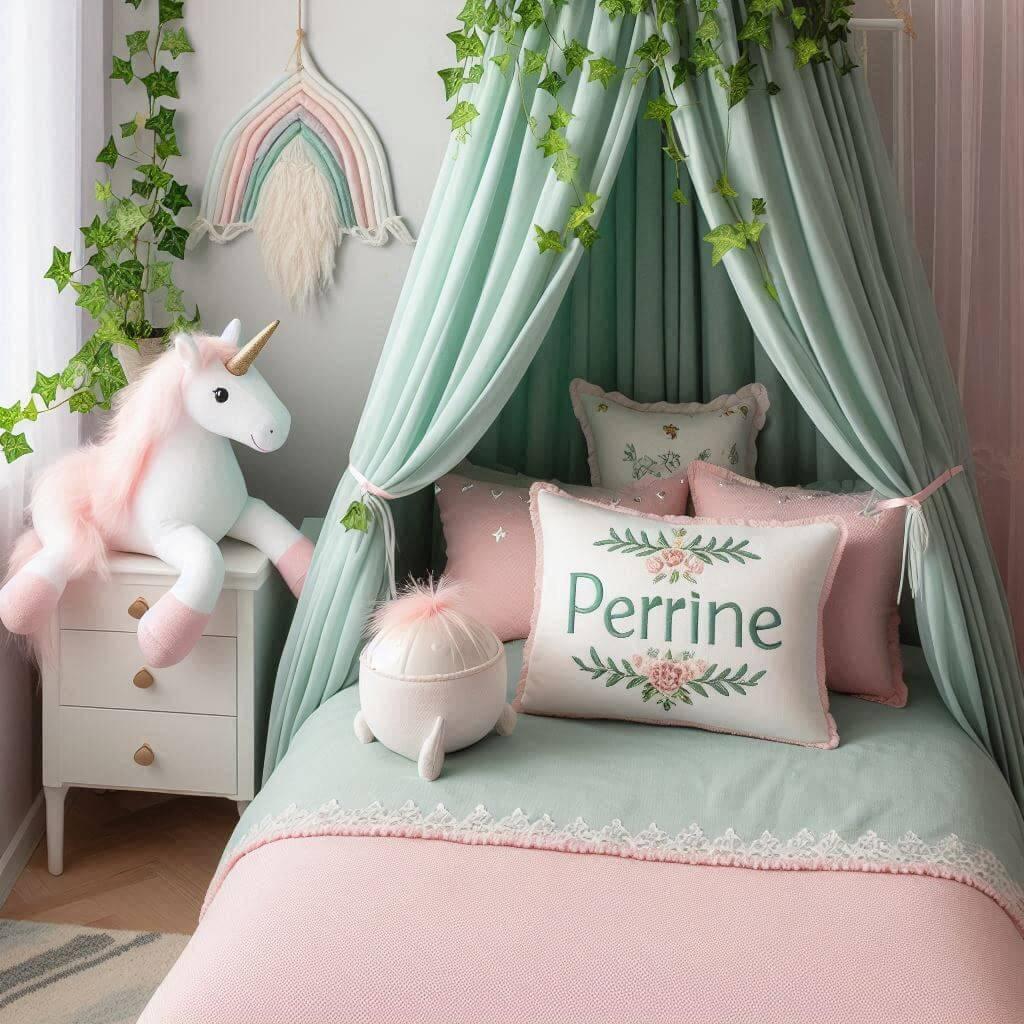 Une belle chambre de bebe fille avec le prenom perrine sur le theme des contes et legendes avec un ciel de lit vert d eau et rose poudre du lierre une peluche licorne le prenom per