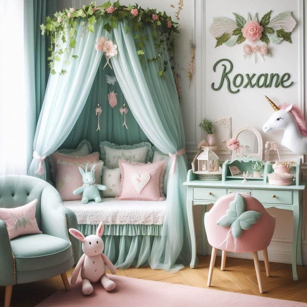 Une belle chambre de bebe fille avec le prenom roxane sur le theme des contes et legendes avec un ciel de lit vert d eau et rose pale du lierre une peluche fee une peluche licorne