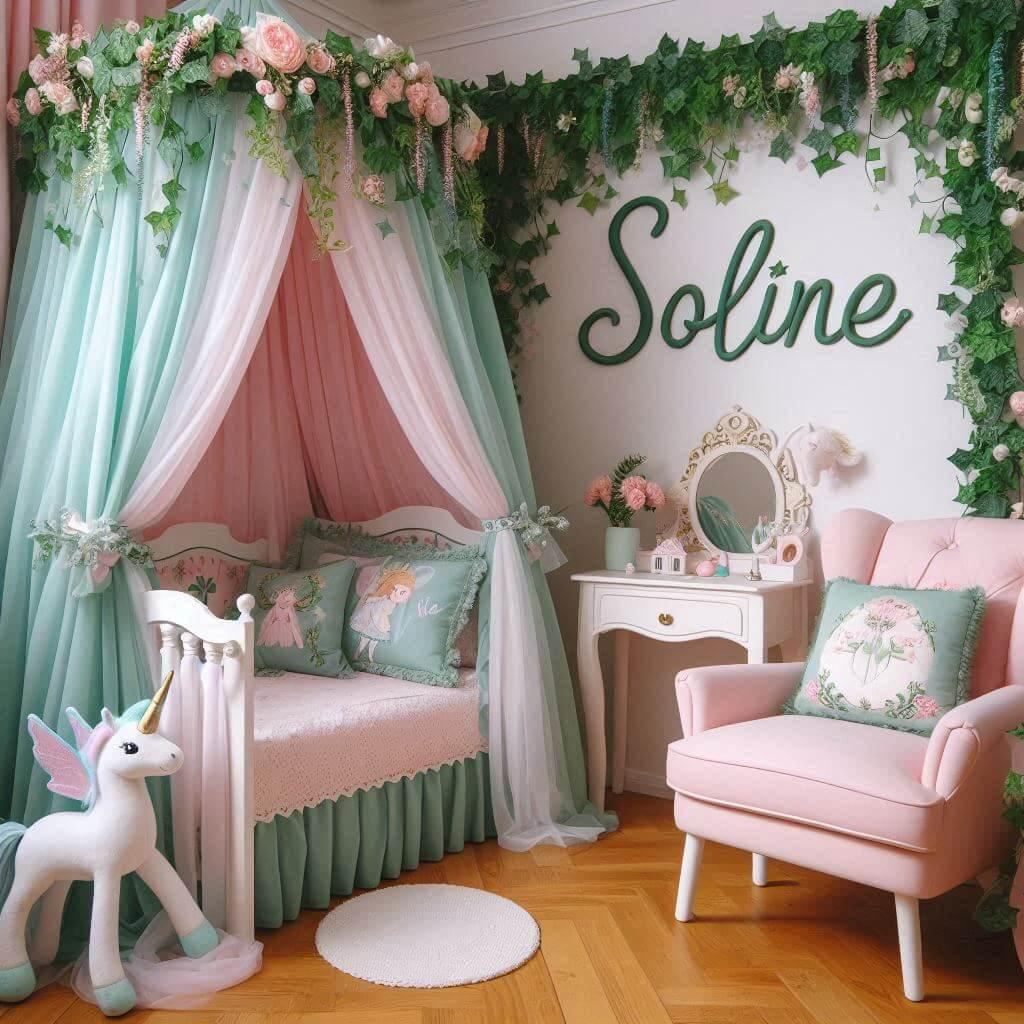 Une belle chambre de bebe fille avec le prenom soline sur le theme des contes et legendes prenom soline